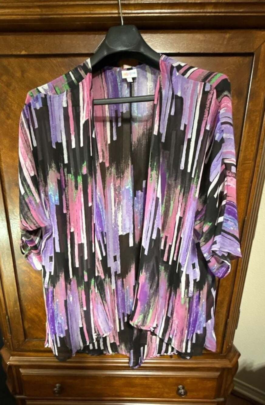 LuLaRoe Open Front Sheer Kimono Cardigan Purple Black Abstract Print Size L